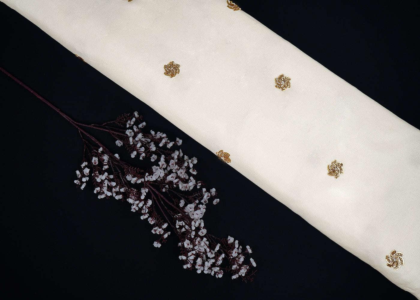 White Dyeable Chinon Chiffon Fabric With All Over Sequins And Katdana Work 23206