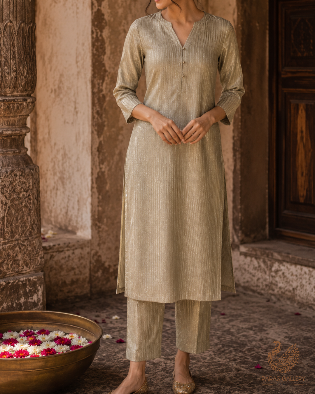Grey Banarasi Silk Fabric With All Over Golden Zari Handloom 23220