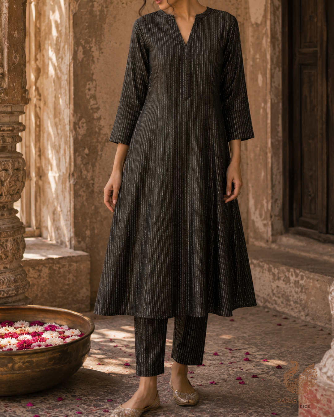 Black Banarasi Silk Fabric With All Over Golden Zari Handloom 23224