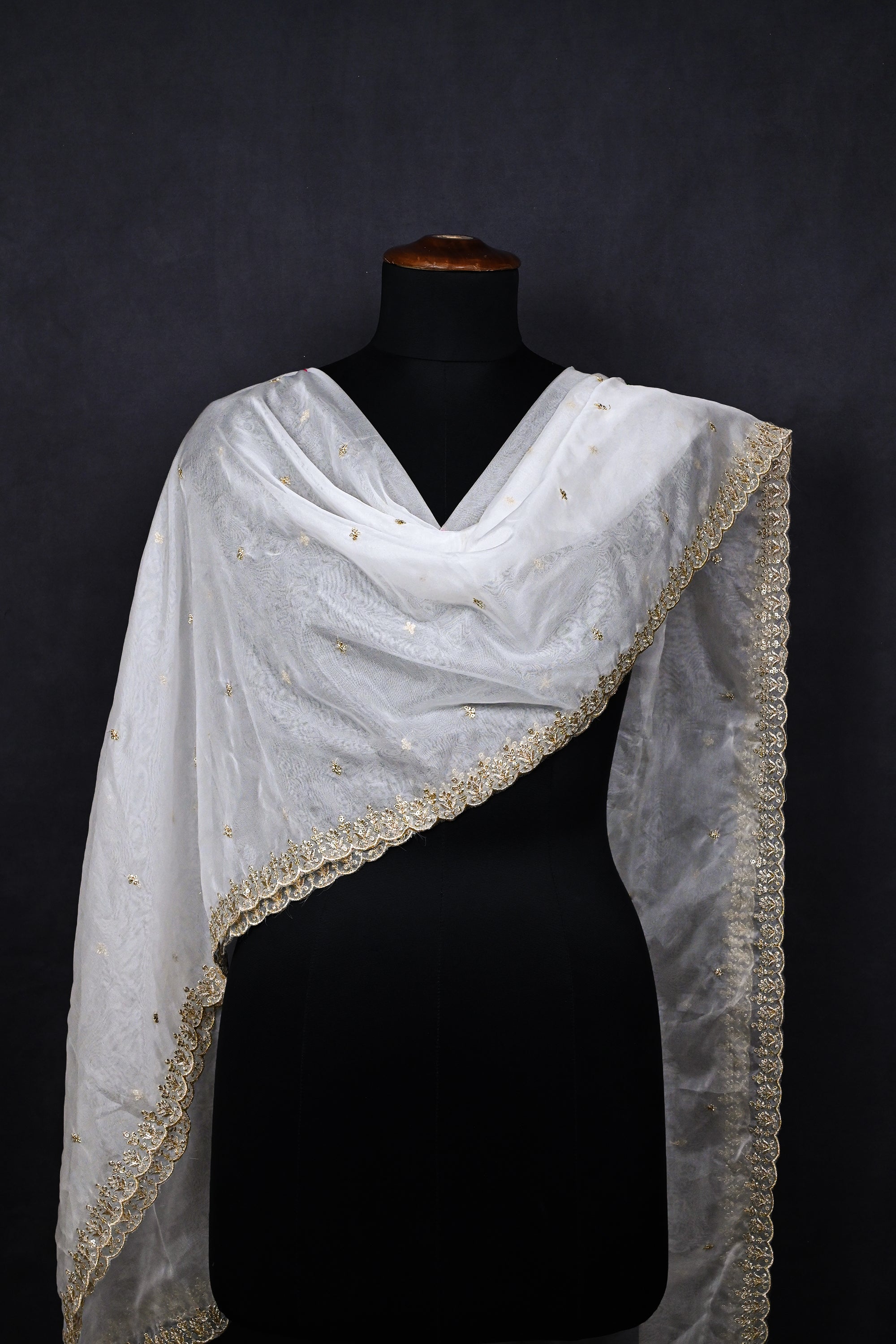 White Dyeable Organza Dupatta With All Over Sequins And Zari Work 23247