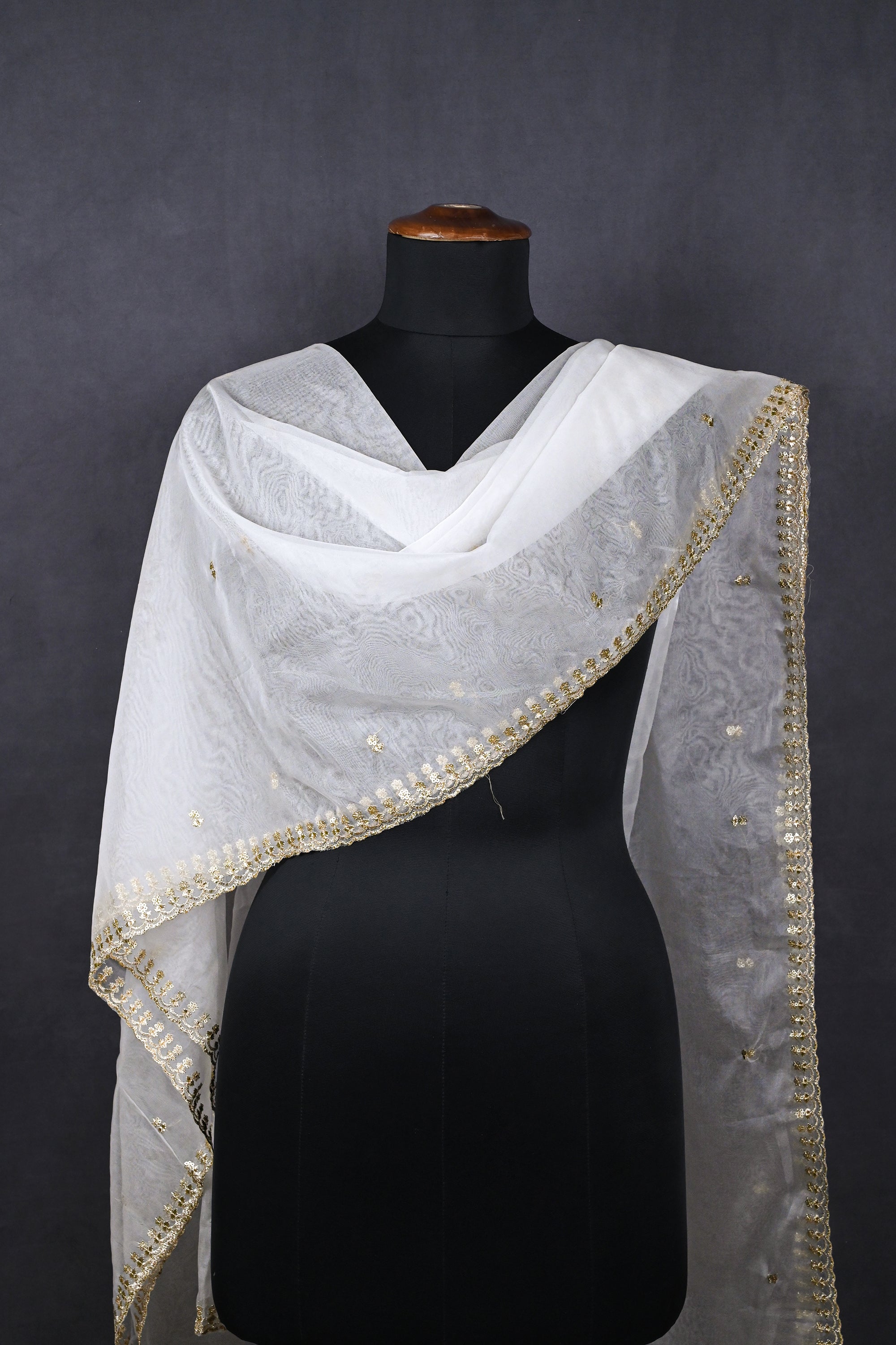 White Dyeable Organza Dupatta With All Over Sequins And Zari Work 23248