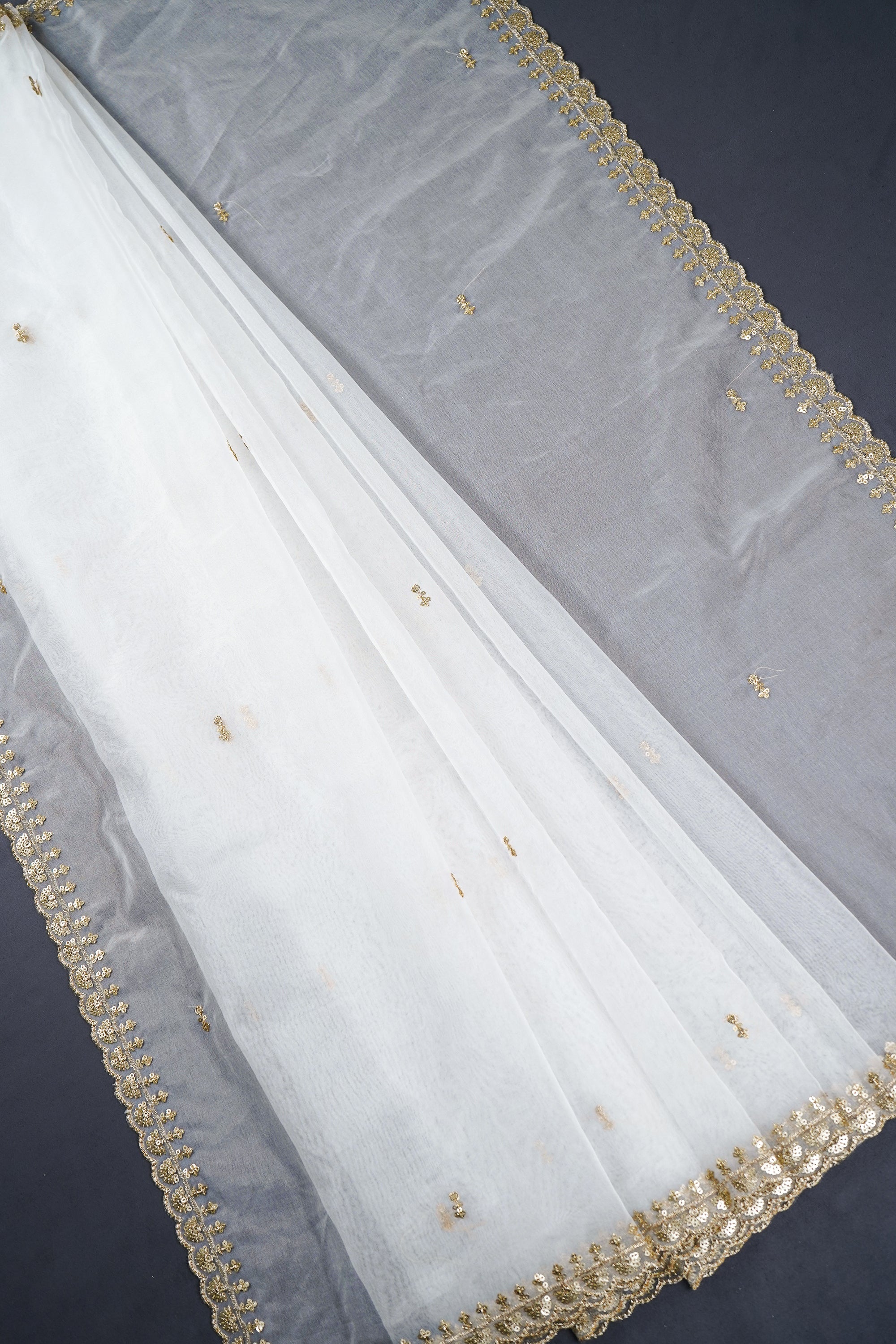 White Dyeable Organza Dupatta With All Over Sequins And Zari Work 23249