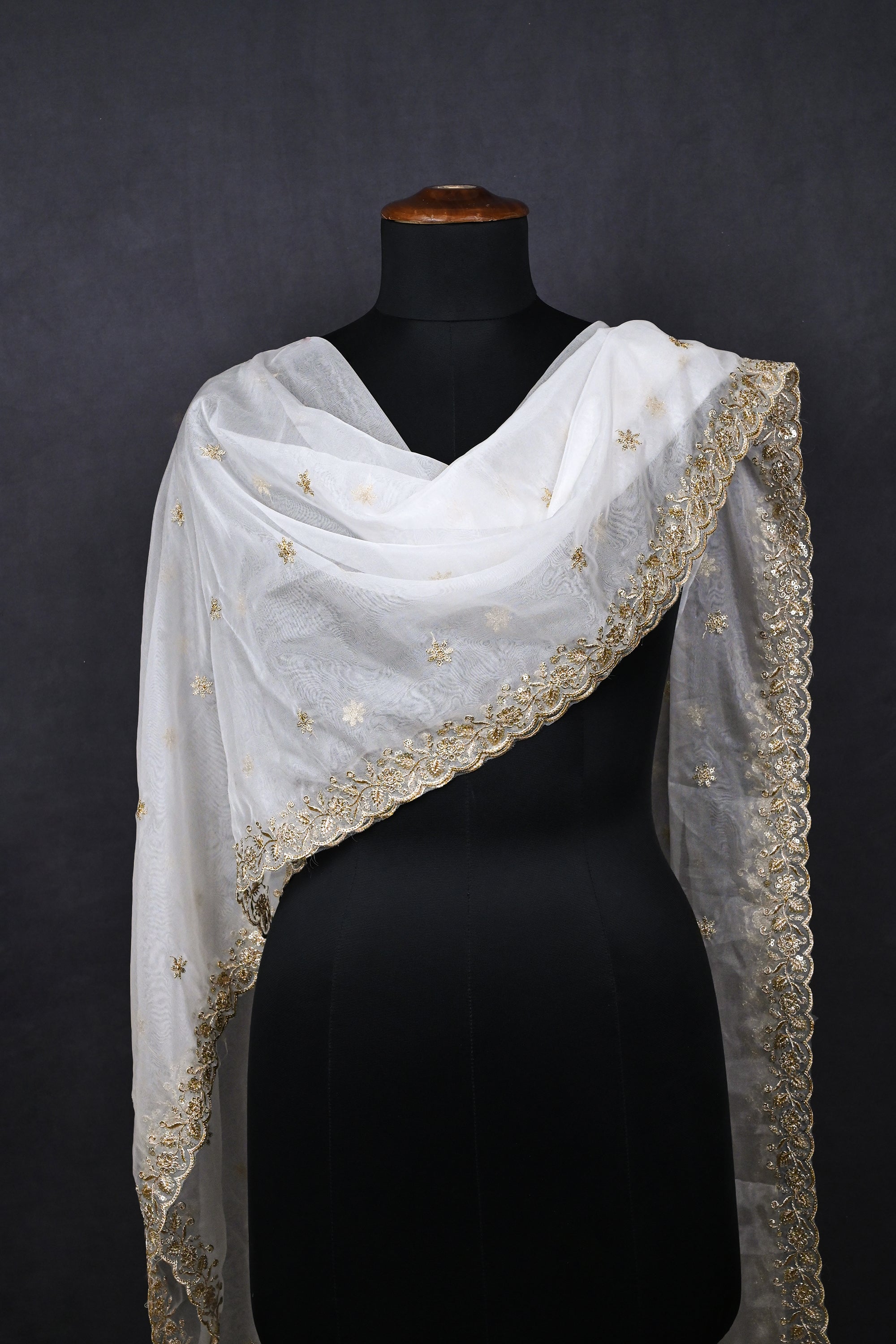 White Dyeable Organza Dupatta With All Over Sequins And Zari Work 23251