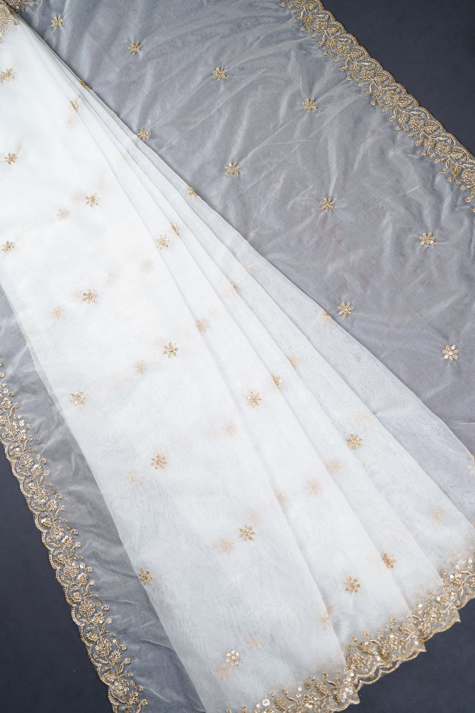 White Dyeable Organza Dupatta With All Over Sequins And Zari Work 23251