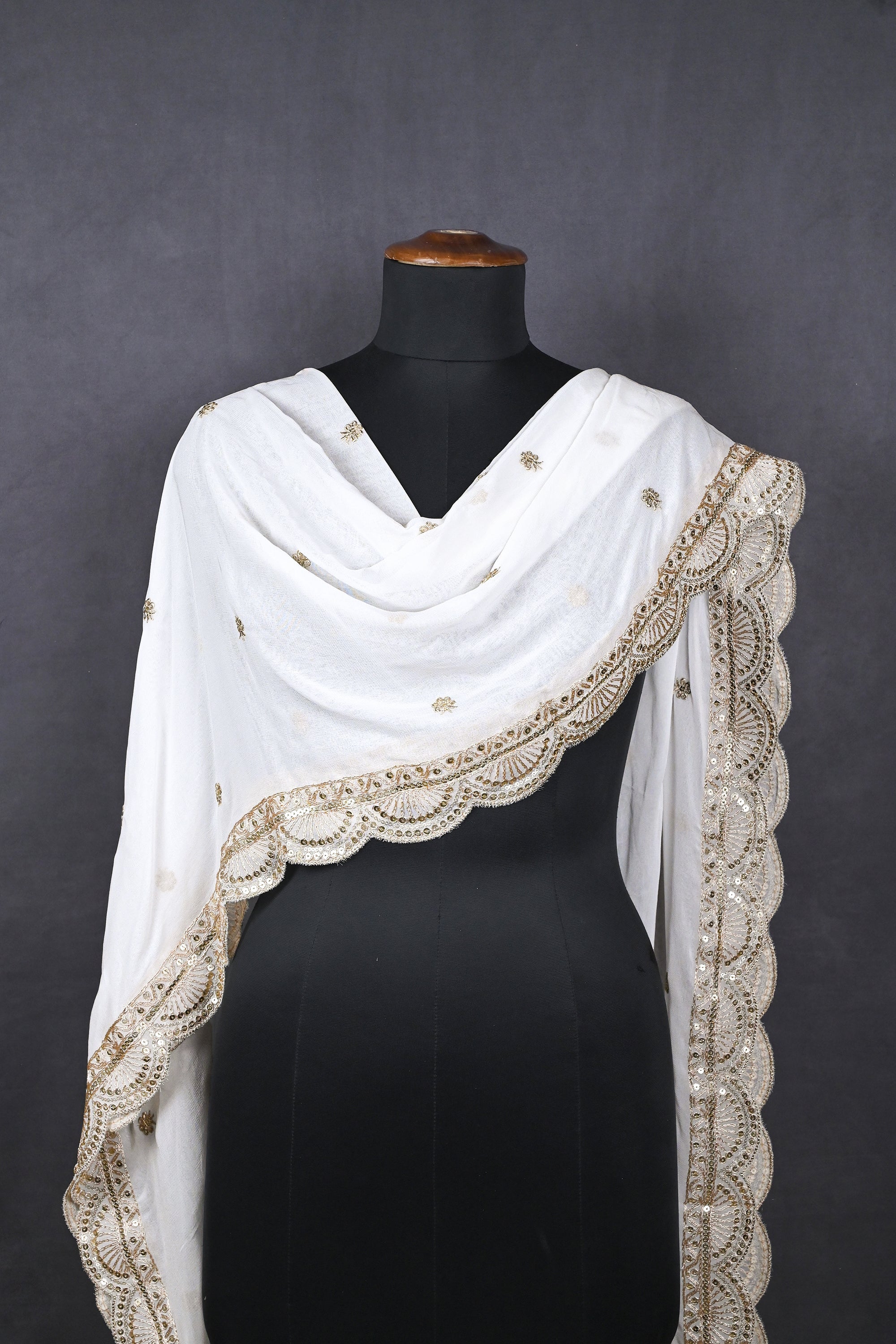 White Dyeable Georgette Dupatta With All Over Sequins And Zari Work 23252