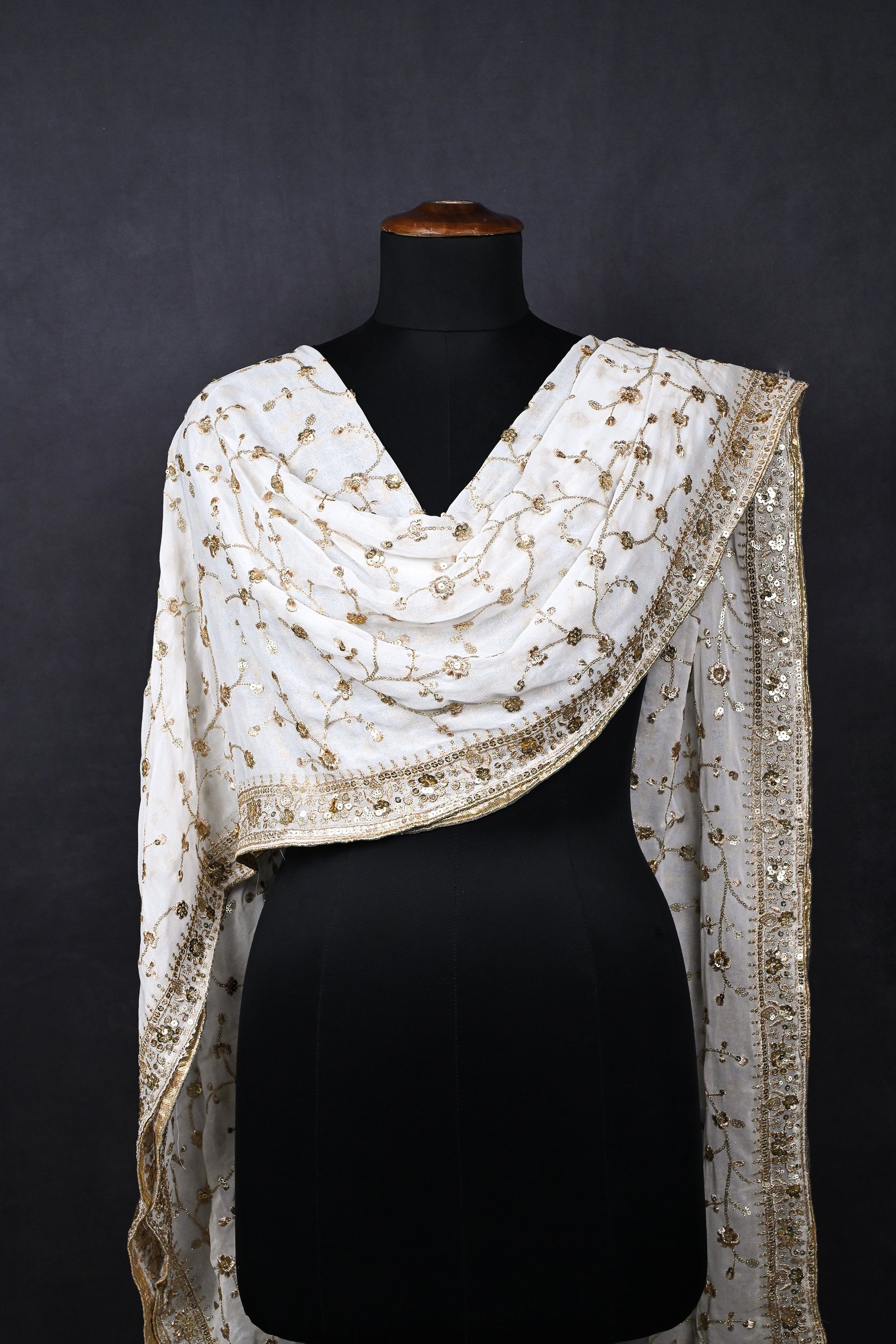 White Dyeable Georgette Dupatta With All Over Sequins And Zari Work 23254