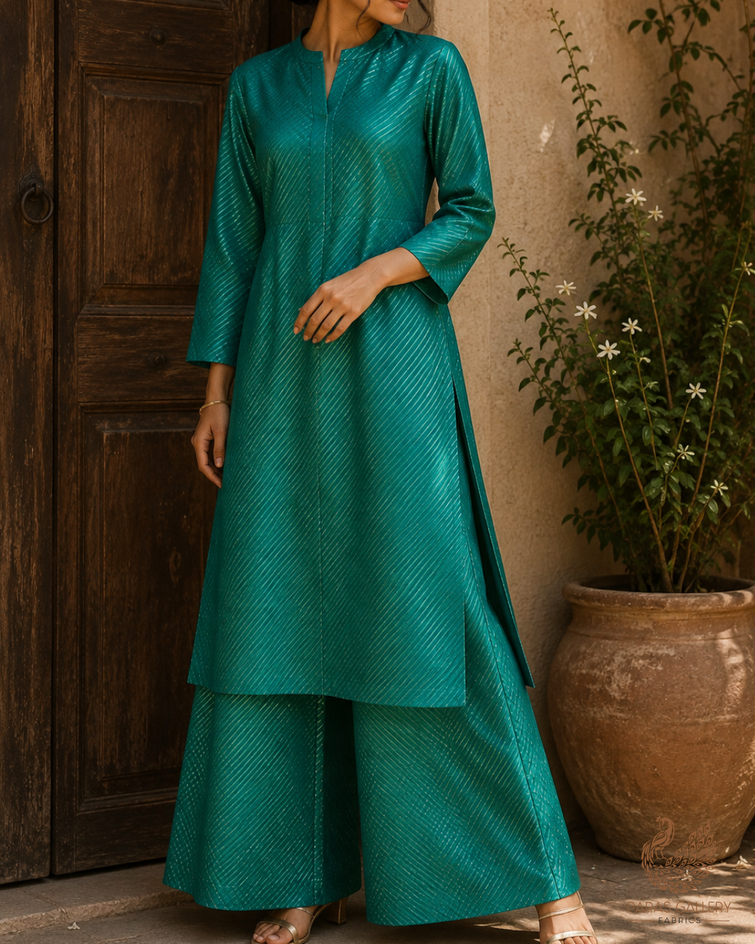 Rama Green Banarasi Silk Fabric With All Over Golden Zari Handloom 23259