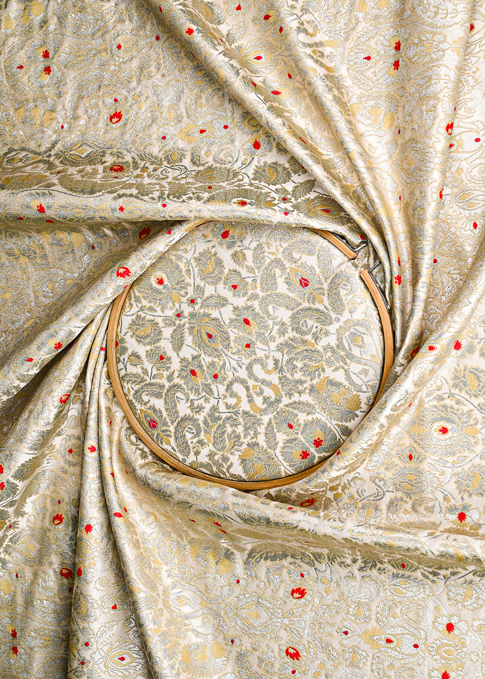 Light Beige Banarasi Brocade Fabric With All Over Golden Zari Handloom 23263