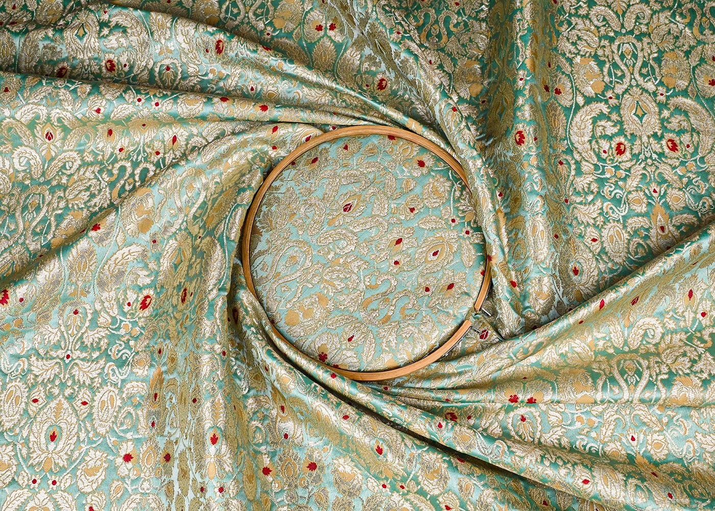Mint Green Banarasi Brocade Fabric With All Over Golden Zari Handloom 23265
