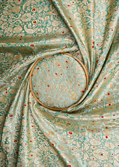Mint Green Banarasi Brocade Fabric With All Over Golden Zari Handloom 23265