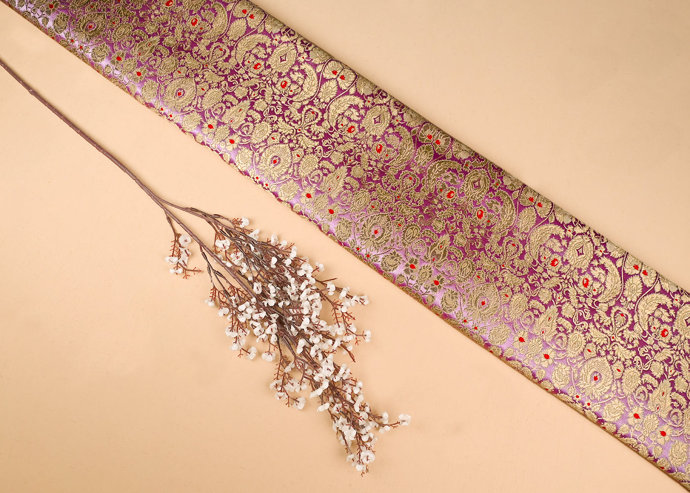 Blush Pink Banarasi Brocade Fabric With All Over Golden Zari Handloom 23266