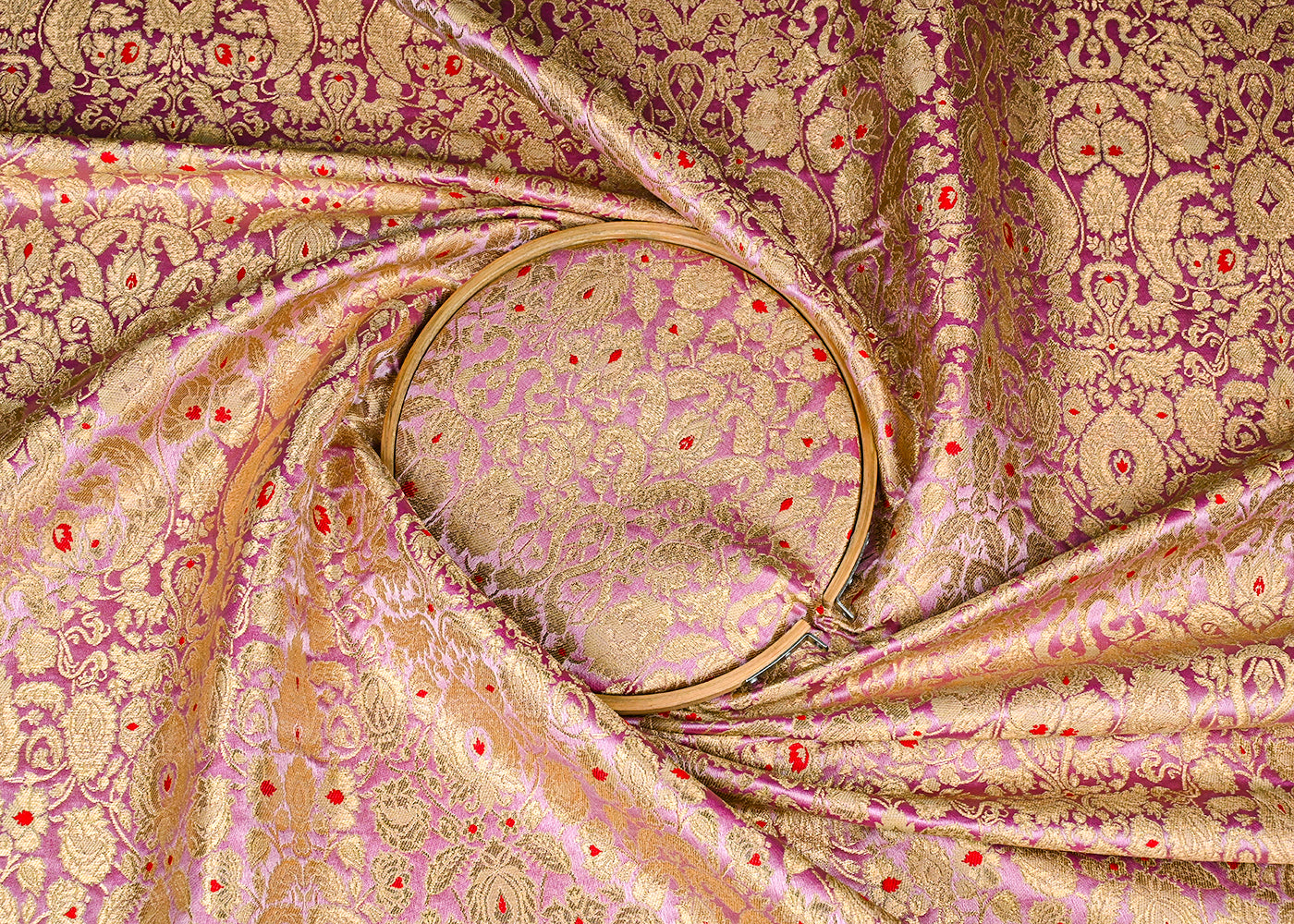 Blush Pink Banarasi Brocade Fabric With All Over Golden Zari Handloom 23266