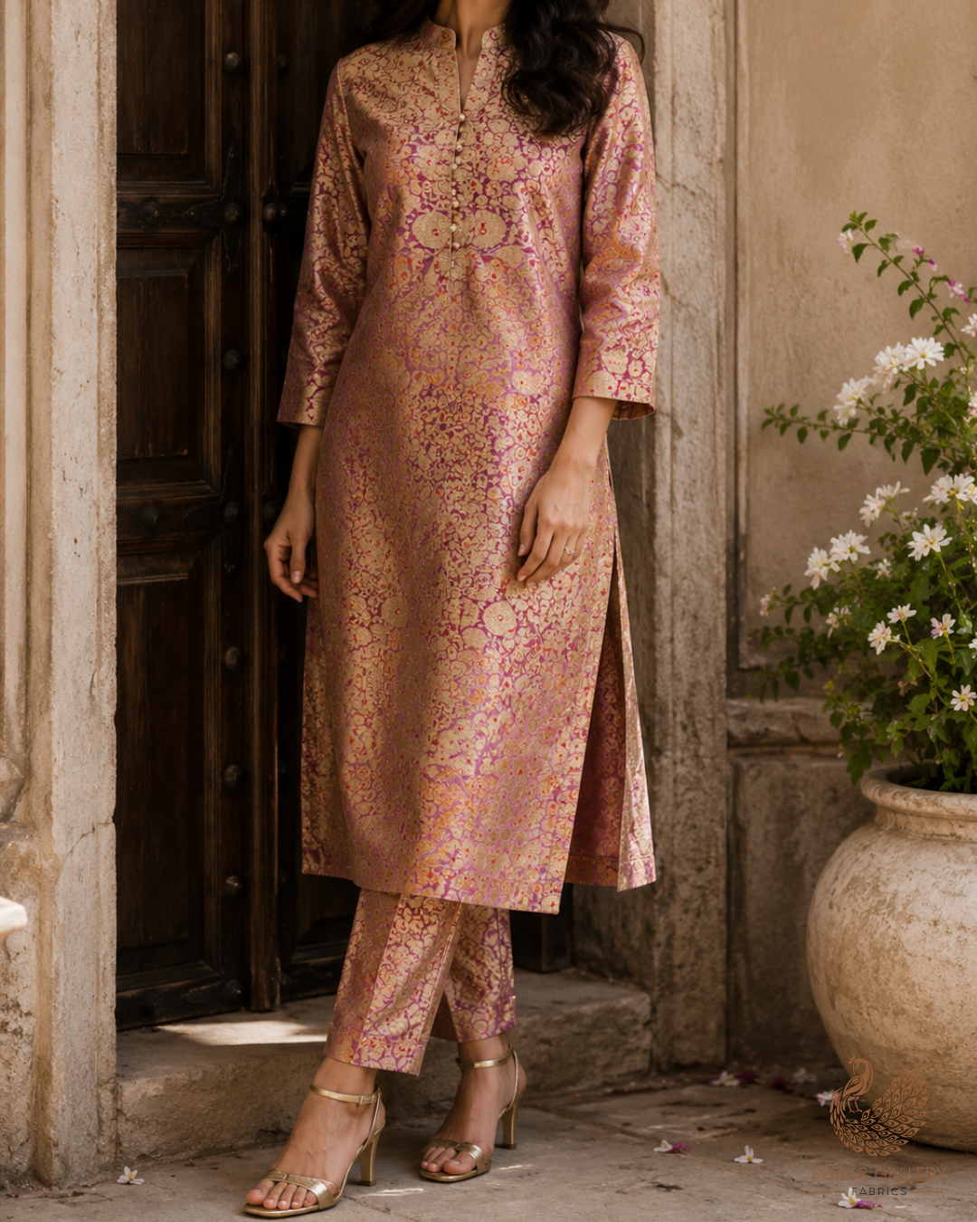 Blush Pink Banarasi Brocade Fabric With All Over Golden Zari Handloom 23266