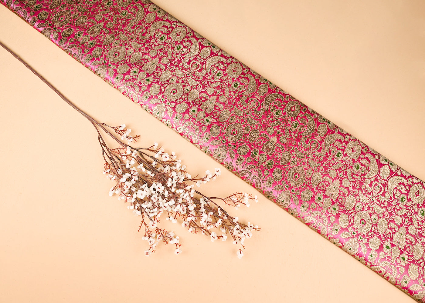 Pink Banarasi Brocade Fabric With All Over Golden Zari Handloom 23267