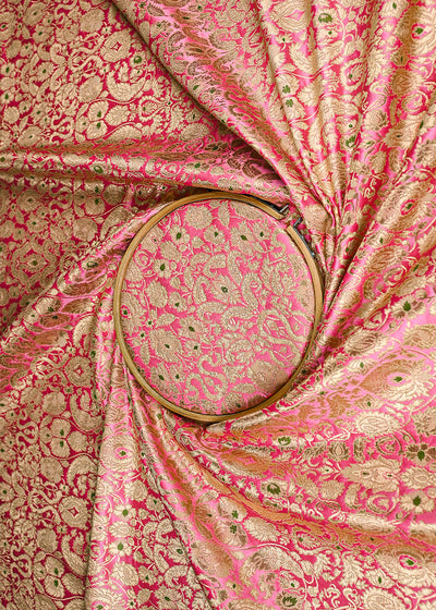 Pink Banarasi Brocade Fabric With All Over Golden Zari Handloom 23267
