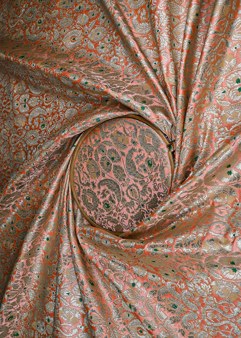 Peach Banarasi Brocade Fabric With All Over Golden Zari Handloom 23268