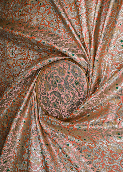 Peach Banarasi Brocade Fabric With All Over Golden Zari Handloom 23268