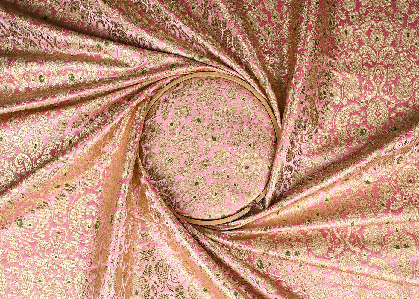 Baby Pink Banarasi Brocade Fabric With All Over Golden Zari Handloom 23269