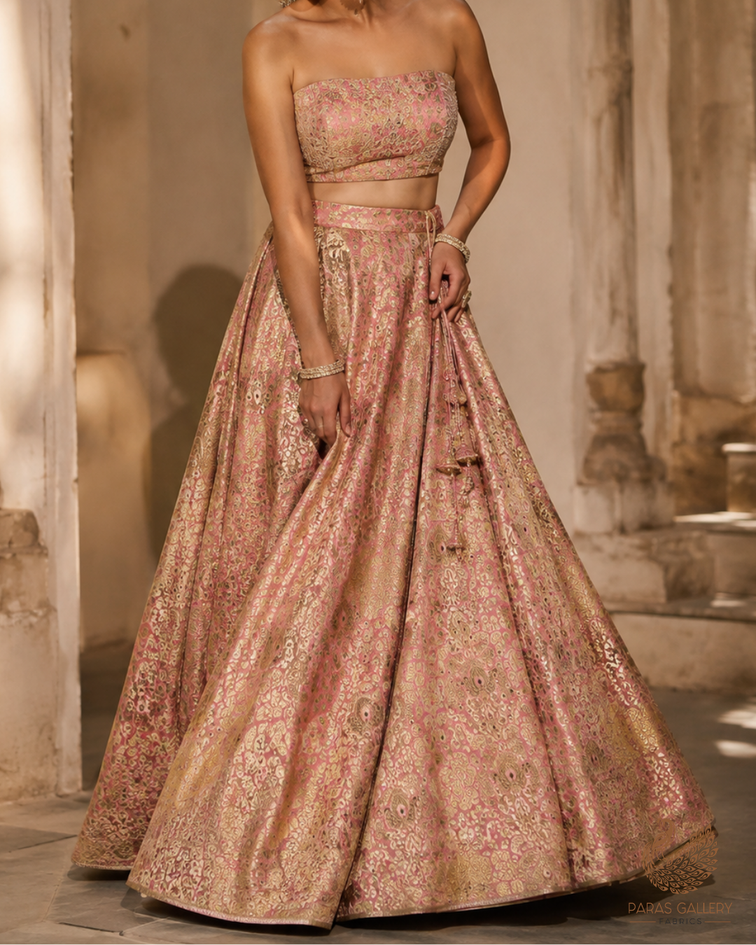 Baby Pink Banarasi Brocade Fabric With All Over Golden Zari Handloom 23269