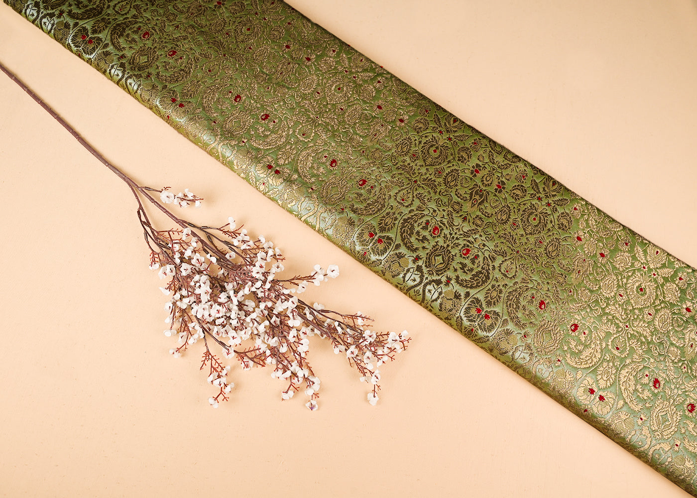 Pista Green Banarasi Brocade Fabric With All Over Golden Zari Handloom 23270