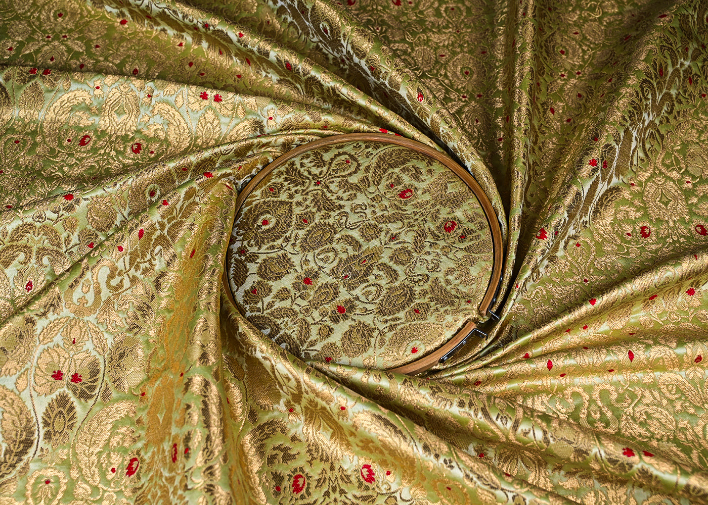 Pista Green Banarasi Brocade Fabric With All Over Golden Zari Handloom 23270