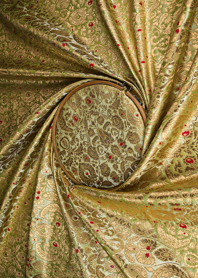 Pista Green Banarasi Brocade Fabric With All Over Golden Zari Handloom 23270