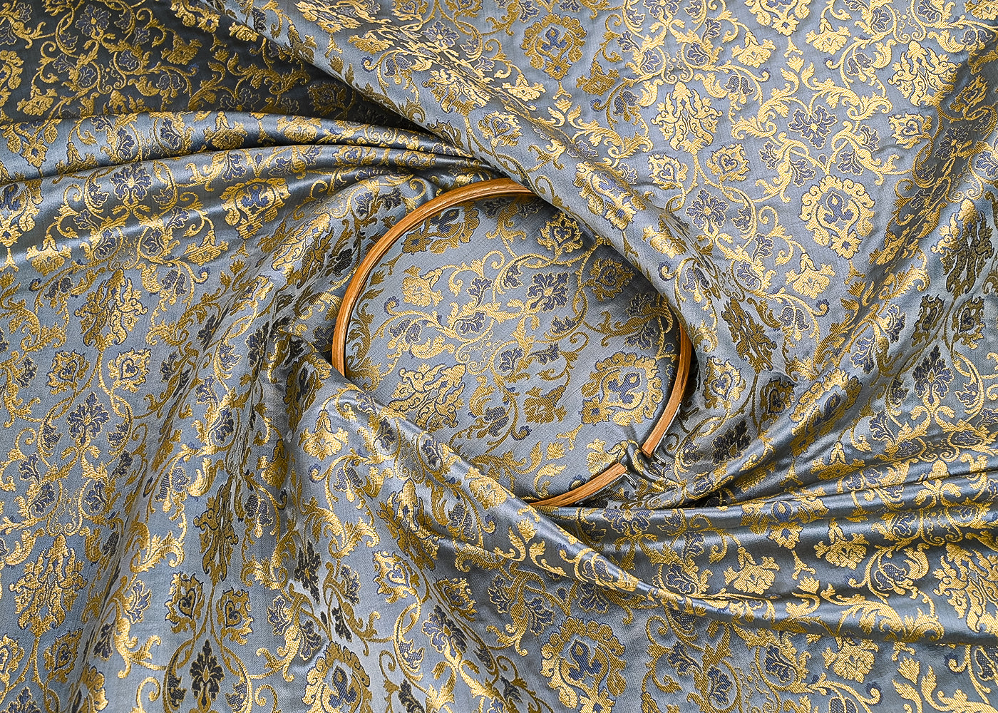 Grey Banarasi Brocade Fabric With All Over Golden Zari Handloom 23271