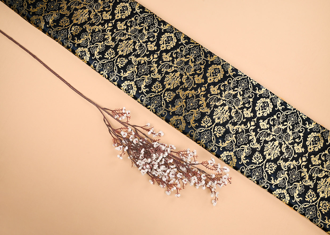 Black Banarasi Brocade Fabric With All Over Golden Zari Handloom 23272