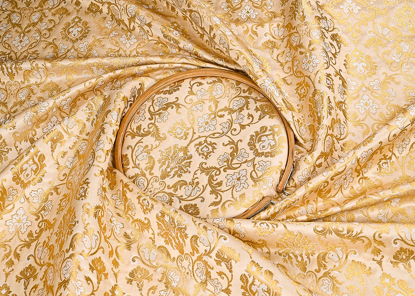 Beige Banarasi Brocade Fabric With All Over Golden Zari Handloom 23273