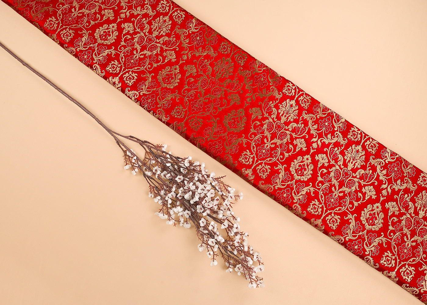 Red Banarasi Brocade Fabric With All Over Golden Zari Handloom 23274
