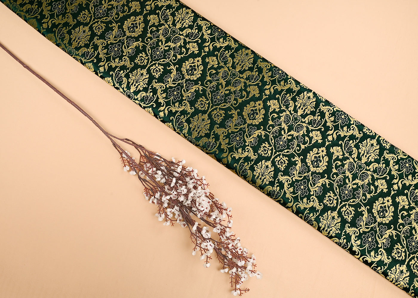 Bottle Green Banarasi Brocade Fabric With All Over Golden Zari Handloom 23275