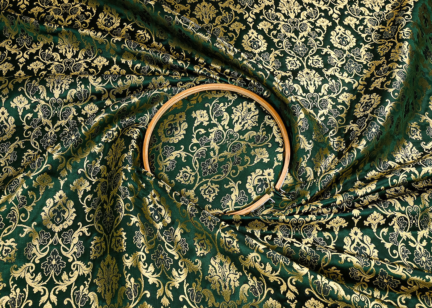 Bottle Green Banarasi Brocade Fabric With All Over Golden Zari Handloom 23275