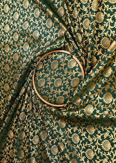 Bottle Green Banarasi Brocade Fabric With All Over Golden Zari Handloom 23276