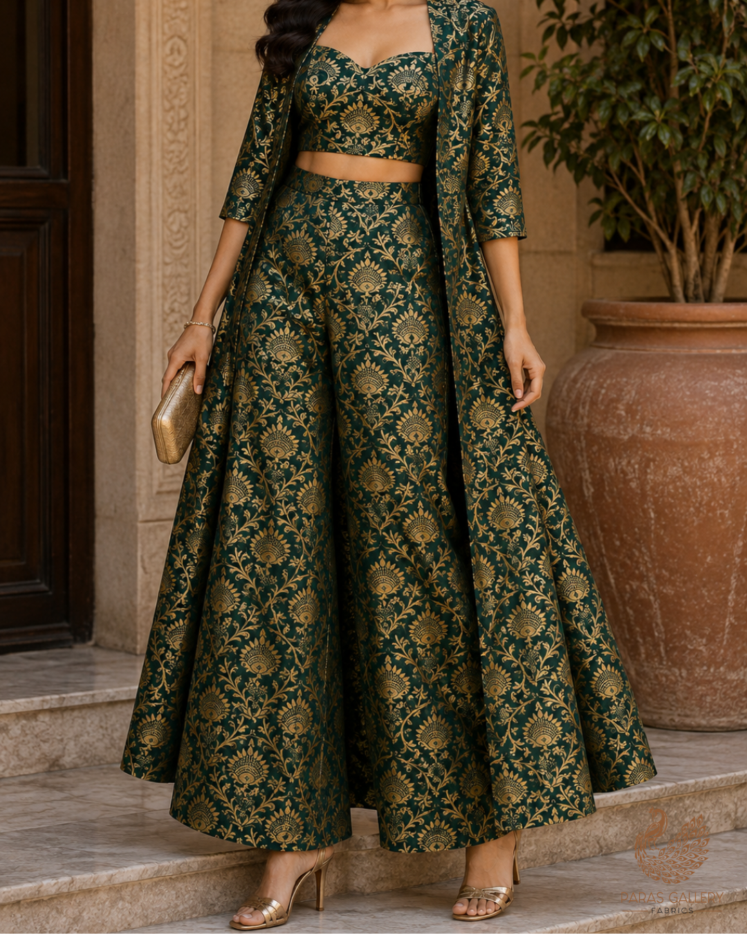 Bottle Green Banarasi Brocade Fabric With All Over Golden Zari Handloom 23276