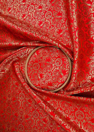 Red Banarasi Brocade Fabric With All Over Golden Zari Handloom 23278