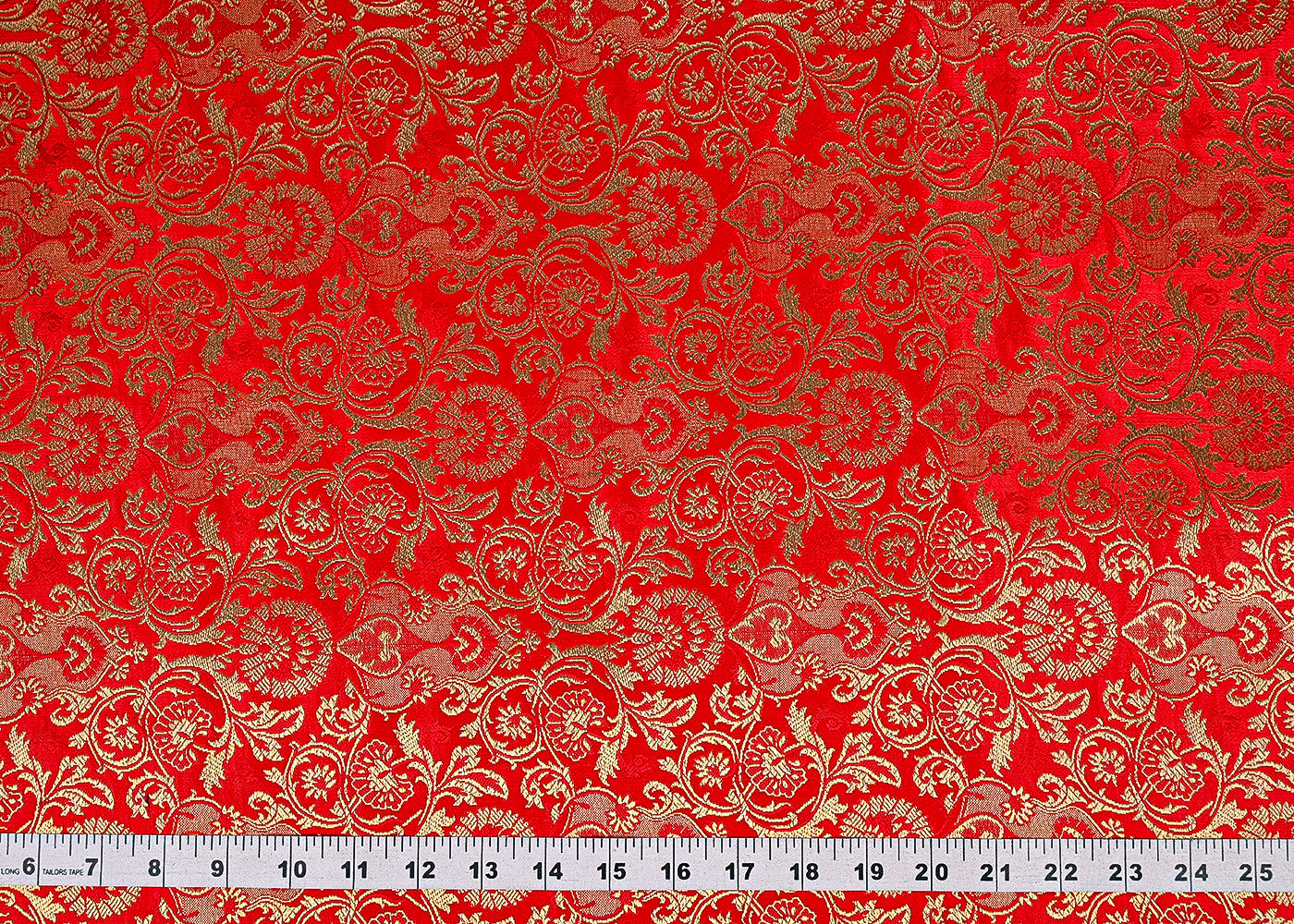 Red Banarasi Brocade Fabric With All Over Golden Zari Handloom 23278