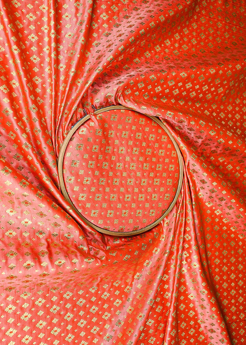 Orange Banarasi Brocade Fabric With All Over Golden Zari Handloom 23279