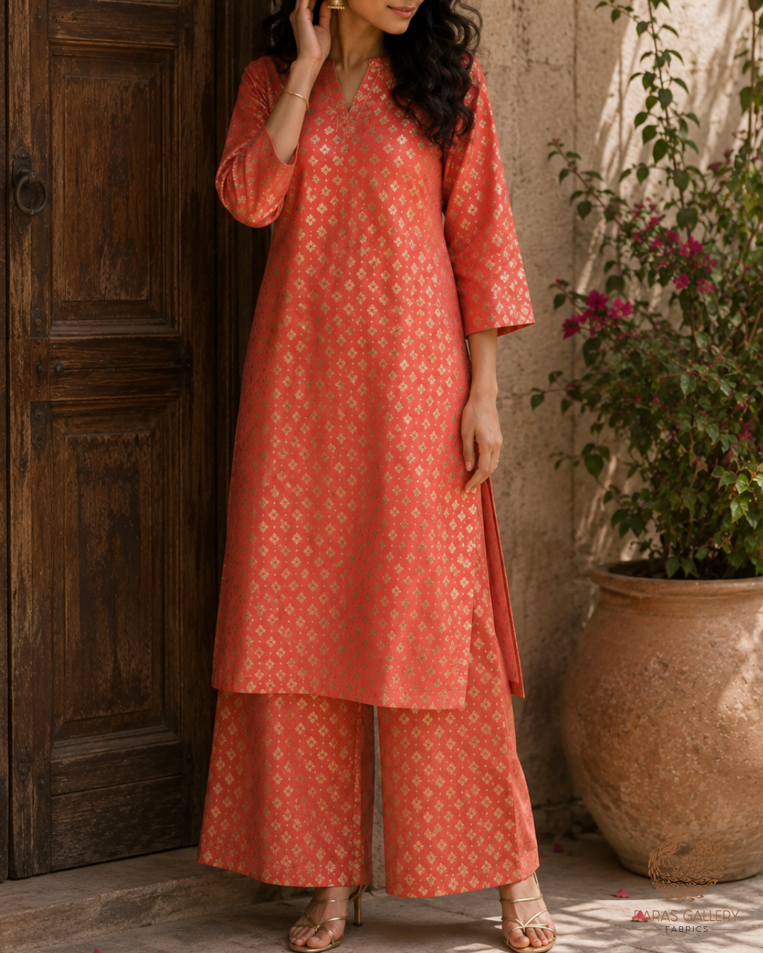 Orange Banarasi Brocade Fabric With All Over Golden Zari Handloom 23279