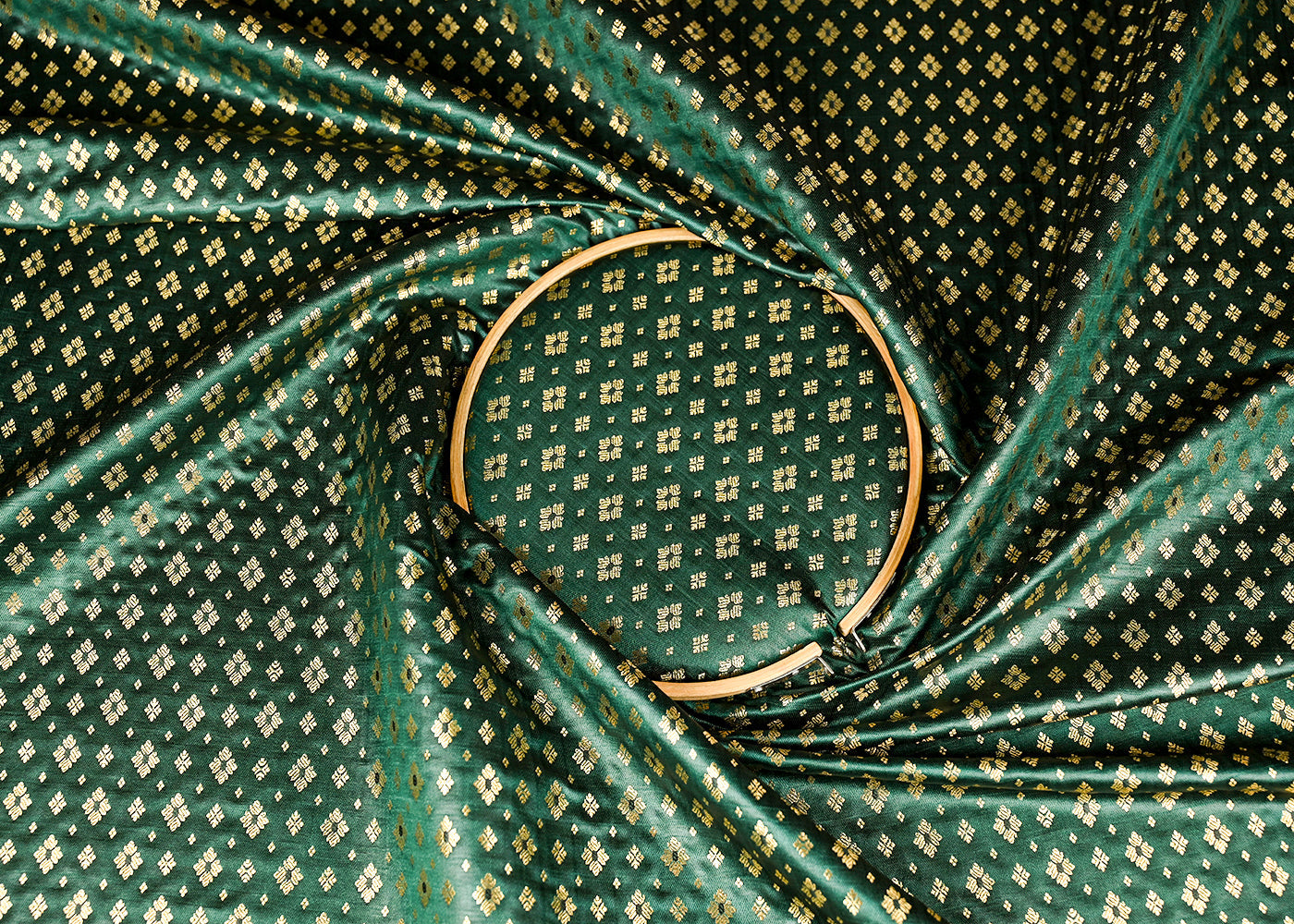 Bottle Green Banarasi Brocade Fabric With All Over Golden Zari Handloom 23281