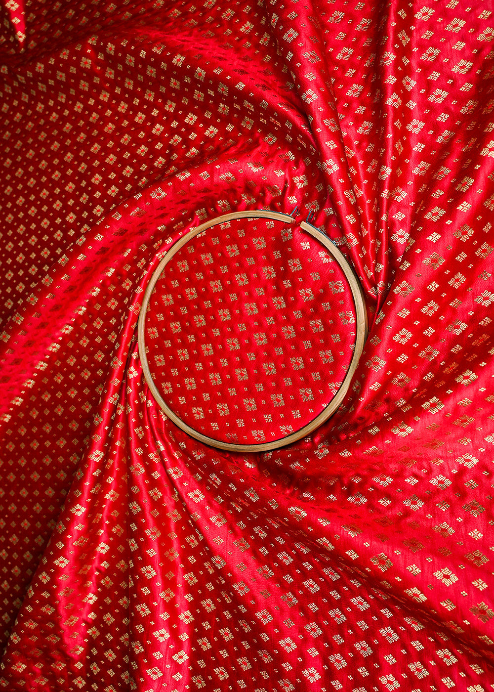 Red Banarasi Brocade Fabric With All Over Golden Zari Handloom 23282