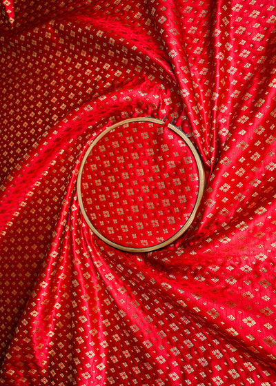 Red Banarasi Brocade Fabric With All Over Golden Zari Handloom 23282