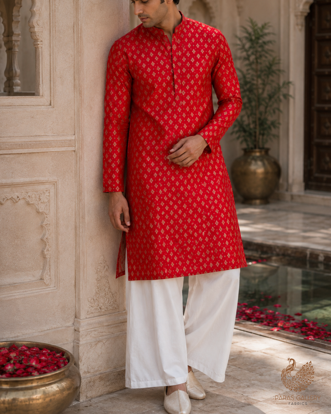 Red Banarasi Brocade Fabric With All Over Golden Zari Handloom 23282