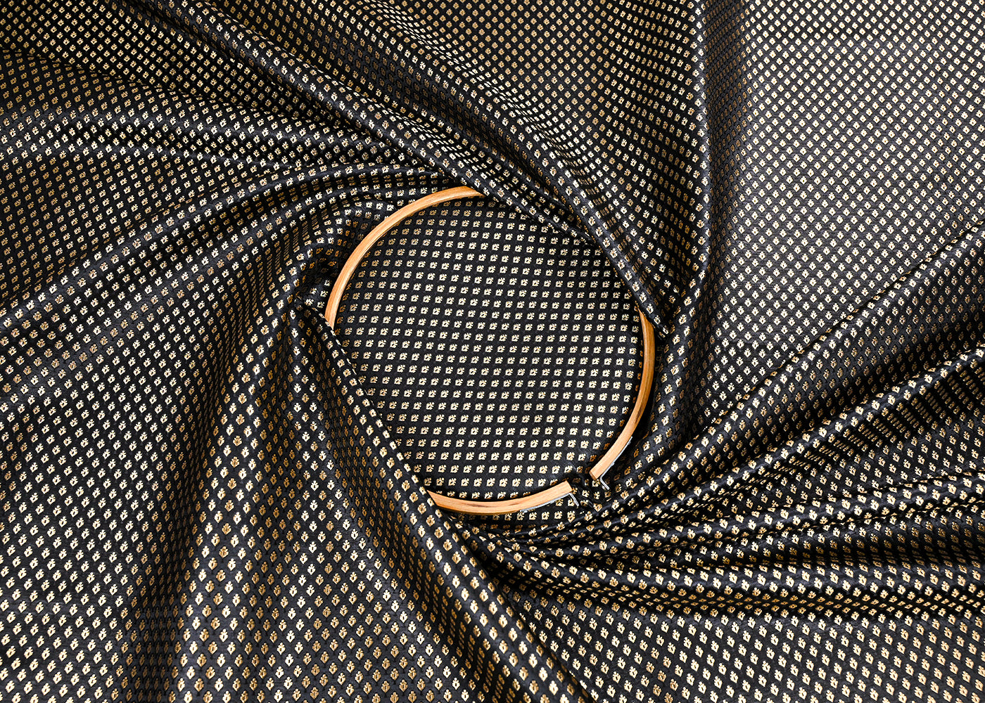 Black Banarasi Brocade Fabric With All Over Golden Zari Handloom 23284