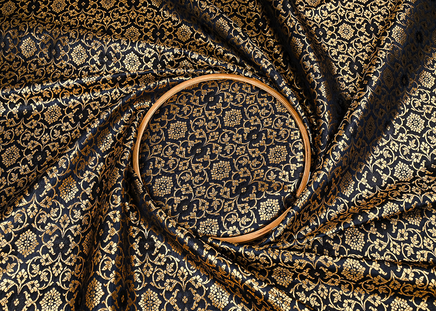 Black Banarasi Brocade Fabric With All Over Golden Zari Handloom 23285