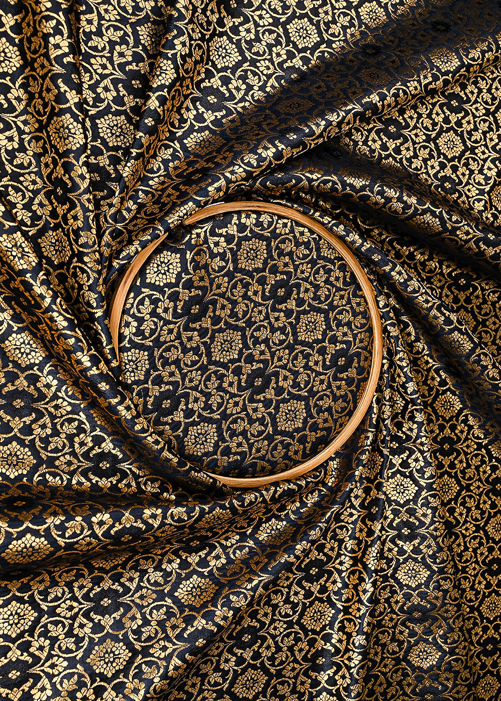 Black Banarasi Brocade Fabric With All Over Golden Zari Handloom 23285