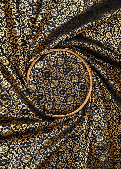 Black Banarasi Brocade Fabric With All Over Golden Zari Handloom 23285