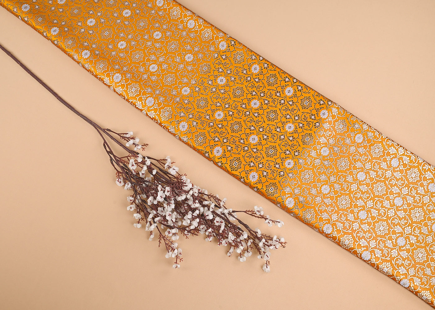 Mustard Banarasi Brocade Fabric With All Over Golden Zari Handloom 23286