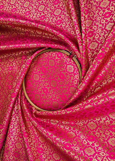 Rani Pink Banarasi Brocade Fabric With All Over Golden Zari Handloom 23287