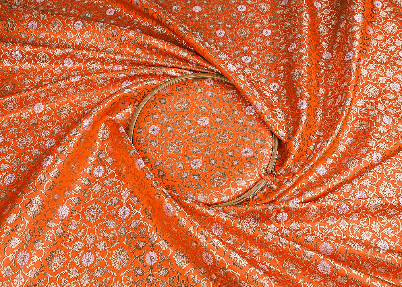 Orange Banarasi Brocade Fabric With All Over Golden Zari Handloom 23289