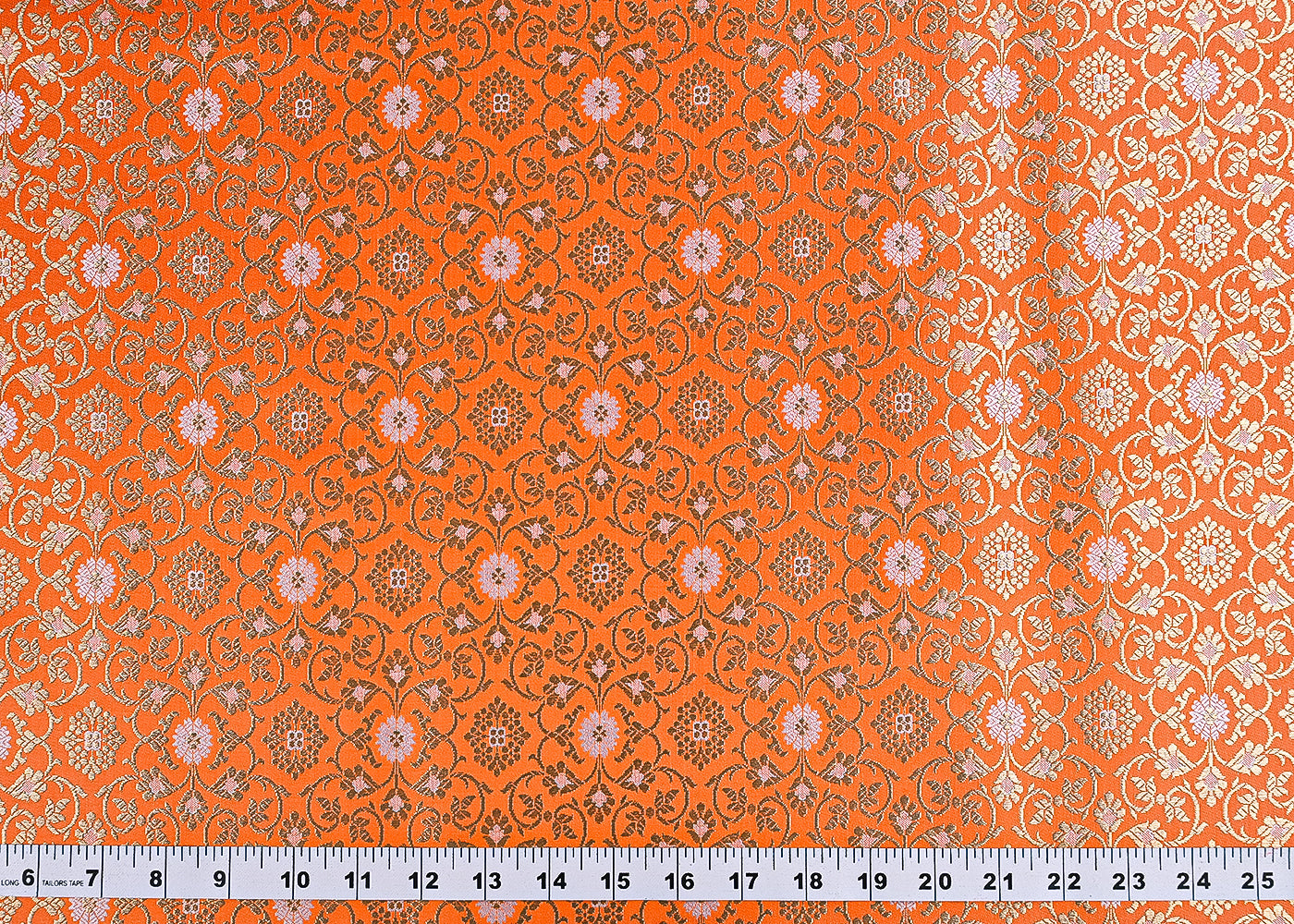 Orange Banarasi Brocade Fabric With All Over Golden Zari Handloom 23289